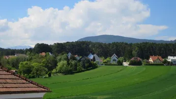 Weitläufige Landschaft mit grünen Feldern, bewaldeten Hügeln und vereinzelten Häusern unter blauem Himmel.