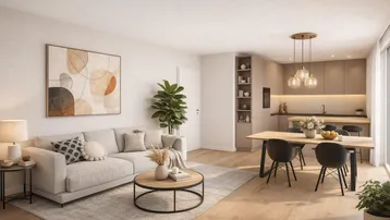 Modernes, offenes Wohnzimmer mit Essbereich und integrierter Küche, ausgestattet mit Holzfußboden und großen Fenstern.