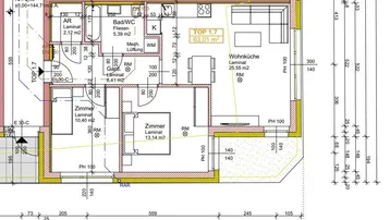 Grundriss einer Wohnung mit offener Wohnküche, zwei Schlafzimmern, Bad und Balkon.