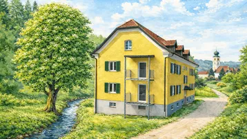 Gelbes Haus mit roten Ziegeldach, grünen Fensterläden und Balkonen, umgeben von Natur mit Bach und Baum.