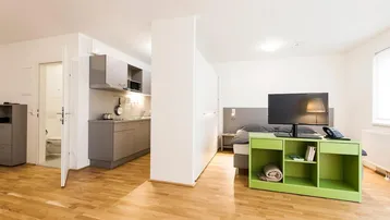 Helles Studio-Apartment mit integrierter Küchenzeile, Schlafbereich und modernem Holzfußboden.