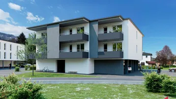 Moderne Architektur eines Mehrfamilienhauses mit Balkonen und hellen Fassadenfarben.