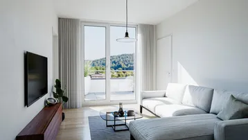 Lichtdurchflutetes Wohnzimmer mit modernem Sofa, Holzboden und Zugang zur Terrasse mit Grünblick.