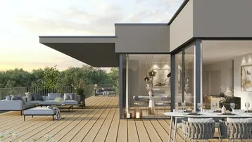 Moderne Dachterrasse mit Essbereich und Lounge-Möbeln, umgeben von Grün und weitem Blick.