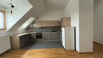 Moderne Küche mit Dachschrägen, Holzboden und integrierten Geräten in einem offenen Wohnbereich.