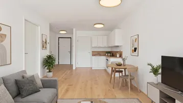 Helles, offenes Wohnzimmer mit integrierter Küche, Essbereich und modernem Parkettboden.