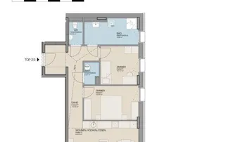 Grundriss der 3-Zimmer-Wohnung TOP 23 im Erdgeschoss mit offenem Wohnbereich, zwei Bädern und Balkon.
