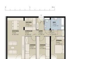 Grundriss einer Wohnung mit offenem Wohnbereich, zwei Schlafzimmern, Bad und separatem WC sowie Balkon.