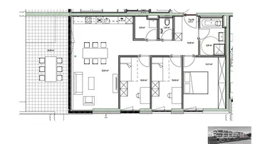 Grundriss einer 4-Zimmer-Wohnung mit großem offenem Wohnbereich, Terrasse und privatem Gartenanteil.