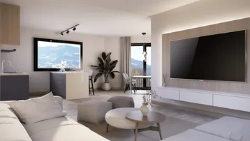 Moderner offener Wohn- und Essbereich mit integrierter Küche, Holzboden und Panoramablick auf die Berge.