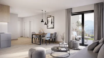 Moderner offener Wohn- und Essbereich mit integrierter Küche und Zugang zum Balkon mit Bergblick.