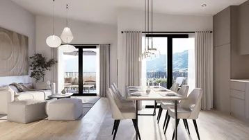 Heller Wohn- und Essbereich mit Holzboden, Zugang zum Balkon und Bergblick durch große Fenster.
