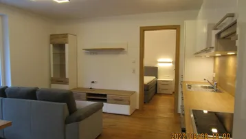 Offener Wohnbereich mit moderner Küche, Holzboden und Zugang zu einem Schlafzimmer.
