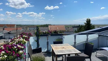 Geräumige Dachterrasse mit Sitzgelegenheiten, Blumenkästen und weitem Blick über die Dächer und Landschaft.