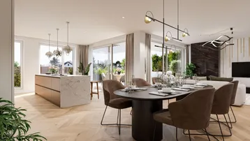 Heller, offener Wohn-Essbereich mit moderner Küche, Holzboden und Zugang zur Terrasse.