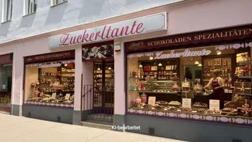 Die rosa Fassade des Geschäfts Zuckerltante mit geöffneten Schaufenstern und Süßigkeiten-Auslage.