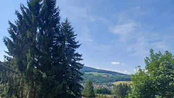 Weitläufiger Blick über grüne Hügel und Baumwipfel unter blauem Himmel.