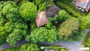 Luftaufnahme eines von dichtem Grün umgebenen Hauses mit Satteldach und angrenzender Straße.