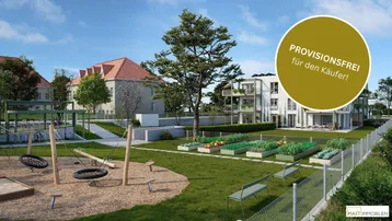 Moderne Wohnanlage mit Spielplatz, Hochbeeten und gepflegten Grünflächen unter blauem Himmel.