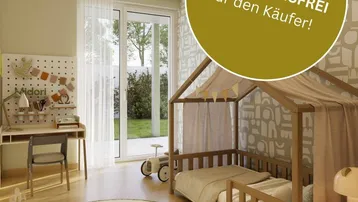 Helles und modern eingerichtetes Kinderzimmer mit Holzbett, Schreibtisch und direktem Zugang zum grünen Garten.