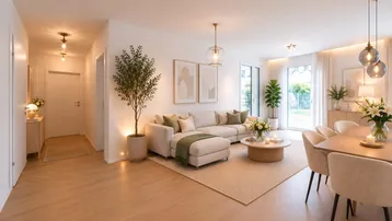 Heller, offener Wohn- und Essbereich mit modernem Design, Holzboden und Zugang zum Garten.