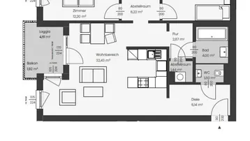 Grundriss einer Wohnung mit offenem Wohnbereich, integrierter Küche, drei Zimmern, Bad, separatem WC, zwei Abstellräumen, Loggia und Balkon.