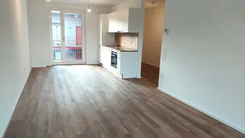 Heller offener Wohnbereich mit integrierter Küche, Holzboden und Zugang zum Balkon.