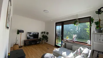 Helles Wohnzimmer mit Holzboden, großem Fenster und Blick ins Grüne, ausgestattet mit Sofa und TV.