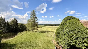 Weitläufiger Blick über grüne Felder und Bäume unter einem weiten blauen Himmel.