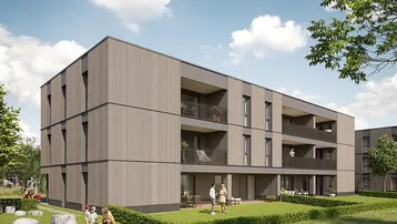 Moderne Wohnanlage mit Holzfassade, Balkonen, Terrassen und gepflegter Grünfläche.