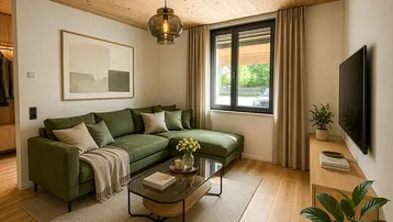 Modernes Wohnzimmer mit bequemer grüner Couch, Holzbalkendecke und Blick nach draußen.