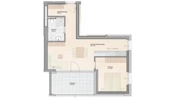 Grundriss einer Wohnung mit offenem Wohn-/Ess-/Kochbereich, einem Schlafzimmer, Bad und einer Terrasse.