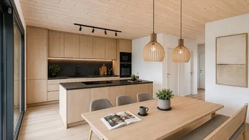 Moderne offene Küche mit Essbereich, Holzakzenten und Zugang zur Terrasse.