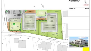 Übersichtsplan des Wohnprojekts mit zwei Gebäuden, Parkplätzen und Grünflächen.