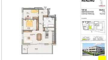 Detaillierter Grundriss einer 3-Zimmer-Wohnung im Obergeschoss mit Balkon und offener Wohnküche.