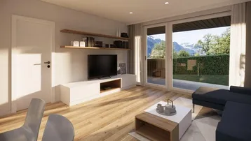 Helles Wohnzimmer mit Holzboden, moderner Einrichtung und großem Fenster mit Bergblick.