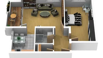 3D-Grundriss einer Wohnung mit offenem Wohnbereich, Schlafzimmer und Balkon.