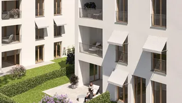 Moderne Wohngebäude mit Balkonen, Markisen und einem begrünten Gartenbereich mit Terrasse.