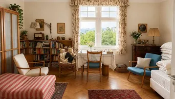 Helles Wohnzimmer mit Parkettboden, Bücherregal und malerischem Bergblick.