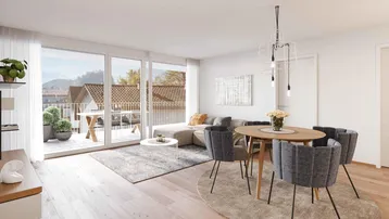 Heller offener Wohn-Essbereich mit Holzboden, modernen Möbeln und Zugang zu einem Balkon mit Bergblick.