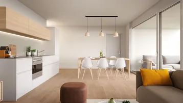 Moderner offener Wohn-Essbereich mit integrierter Küche, Holzboden und Zugang zum Balkon.