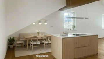 Moderne Küche mit Kochinsel und Essbereich, Holzboden und sichtbaren Holzbalken.