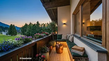 Gemütlicher Balkon mit Blumen, Holzelementen und einem weiten Blick in die grüne Landschaft.