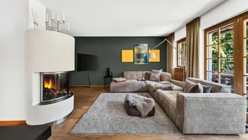 Helles Wohnzimmer mit modernem Kamin, bequemer Eckcouch und Holzboden.
