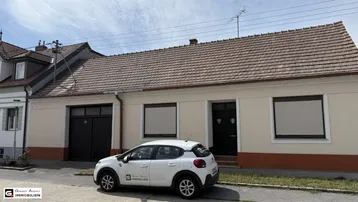 Vorderansicht des Hauses mit Garage und einem geparkten Auto auf der Straße.