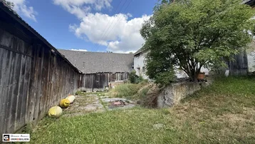 Blick auf den verwilderten Gartenbereich zwischen alten Holzscheunen und einem Wohngebäude.
