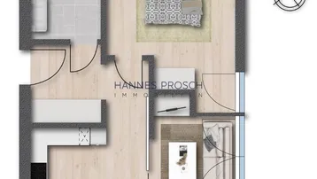 Grundriss einer modernen Wohnung mit Schlafzimmer, Bad und offenem Wohnbereich.