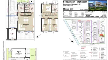 Umfassender Kundenplan mit Erdgeschoss-, Obergeschoss- und Lageplänen sowie weiteren Details zum Wohnpark.
