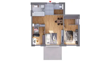 Grundriss einer Wohnung mit offenem Wohnbereich, Schlafzimmer und Bad.