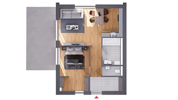 Grundriss einer modernen Wohnung mit offenem Wohnbereich, Schlafzimmer und angrenzender Terrasse.